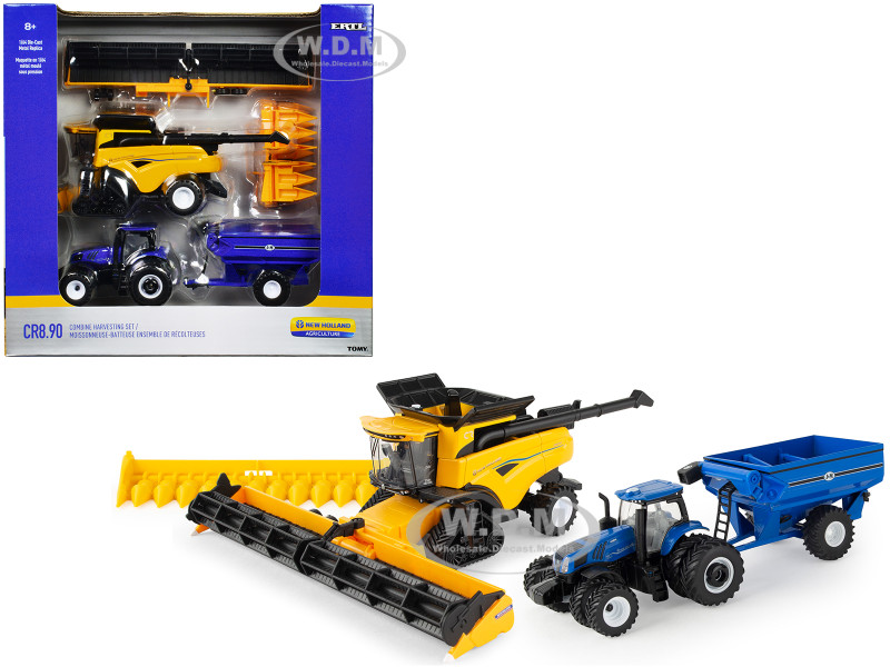 New Holland T8.410 Genesis Tractor Blue J&M Grain Car New Holland CR8.90 Combine Yellow Set 3 pieces New Holland Agriculture Series 1/64 Diecast Models ERTL TOMY 13996