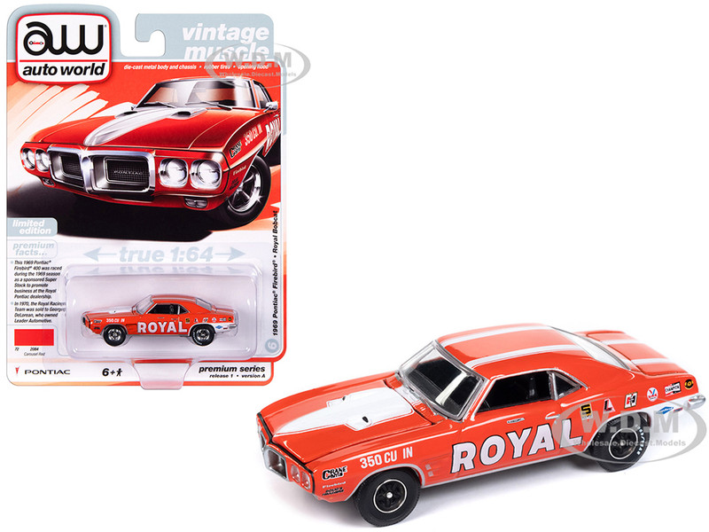 1969 Pontiac Firebird Royal Bobcat Carousel Red with White Stripes and Graphics Vintage Muscle Limited Edition 1/64 Diecast Model Car Auto World 64432-AWSP152A