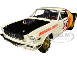 1966 Ford Mustang Fastback 2+2 Off White and Black with Red and Yellow Stripes Hurst Shifters Limited Edition to 6000 pieces Worldwide 1/24 Diecast Model Car M2 Machines 40300-114A