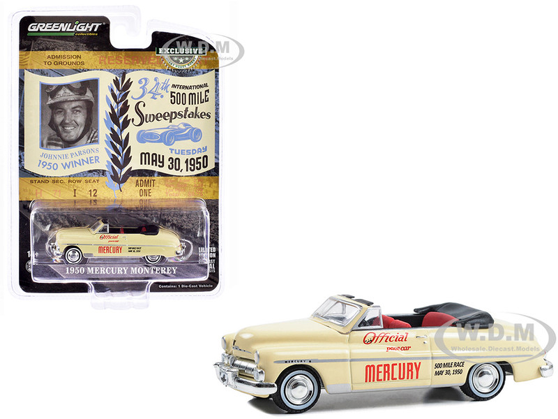 1950 Mercury Monterey Convertible Cream Official Pace Car 34th International 500 Mile Sweepstakes Hobby Exclusive Series 1/64 Diecast Model Car Greenlight 30434