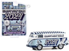 Volkswagen Type 2 Panel Van Happy New Year 2024 Light Blue and White with Striped Top Hobby Exclusive Series 1/64 Diecast Model Car Greenlight 30478
