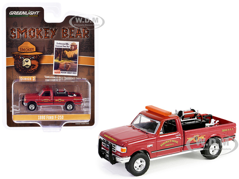 1990 Ford F 250 Pickup Truck with Fire Equipment Hose and Tank Red Carelessness Kills Tomorrow s Trees Too Prevent Forest Fires! Smokey Bear Series 3 1/64 Diecast Model Car Greenlight 38060E