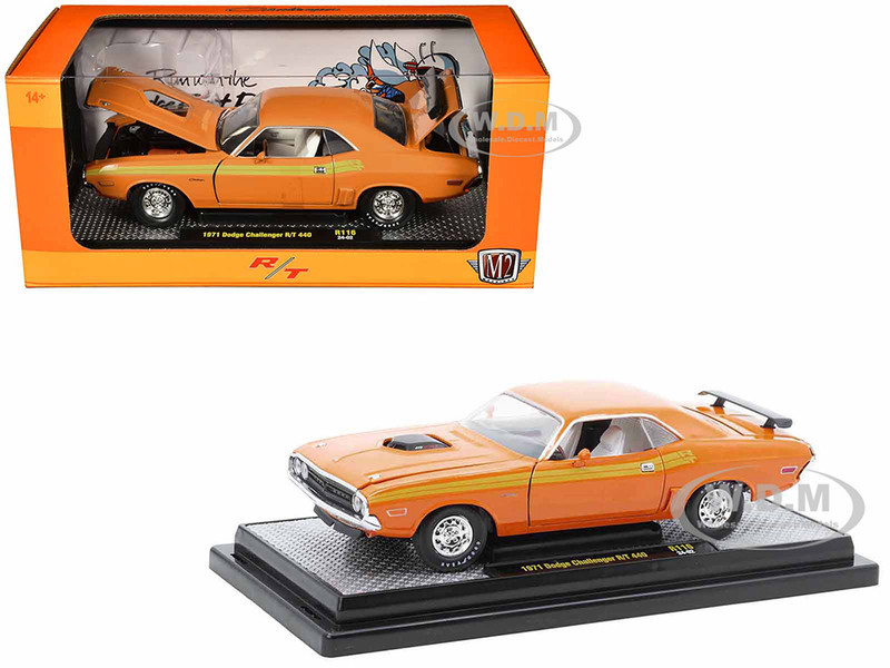 1971 Dodge Challenger R/T 440 Orange Yellow Stripes White Interior Limited Edition 5250 pieces Worldwide 1/24 Diecast Model Car M2 Machines 40300-116B