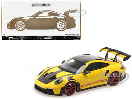 2024 Porsche 911 992 GT3 RS Weissach Package Yellow with Carbon Top and Hood Stripes Limited Edition to 400 pieces Worldwide 1/18 Diecast Model Car Minichamps MC110062025