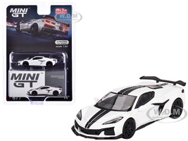 2023 Chevrolet Corvette Z06 Arctic White with Black Stripes Limited Edition to 2640 pieces Worldwide 1/64 Diecast Model Car True Scale Miniatures MGT00677