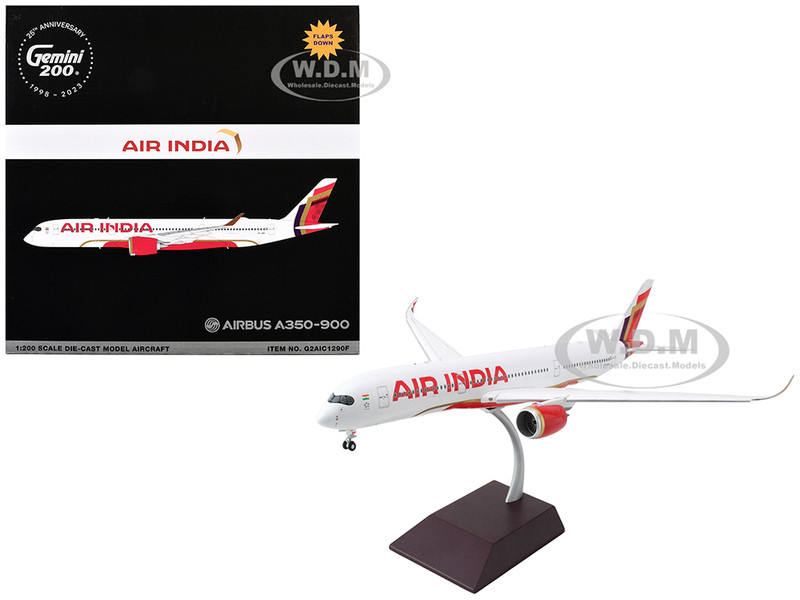 Airbus A350 900 Commercial Aircraft with Flaps Down Air India VT JRH White with Striped Tail Gemini 200 Series 1/200 Diecast Model Airplane GeminiJets G2AIC1290F