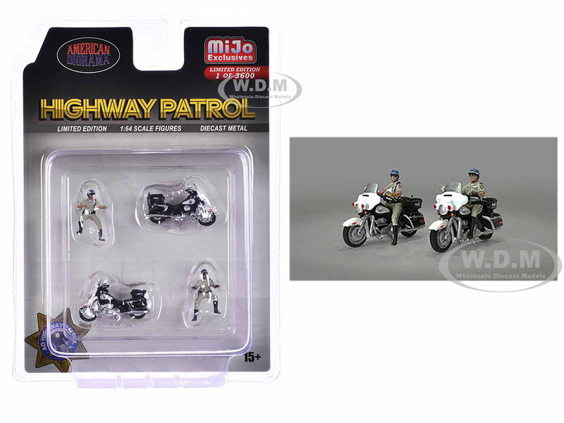 Highway Patrol 4 piece Diecast Figure Set 2 Figures 2 Motorcycles Limited Edition to 3600 pieces Worldwide for 1/64 Scale Models American Diorama AD-64529MJ