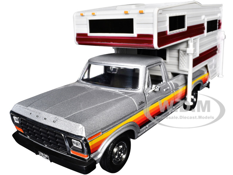 1979 Ford F 150 Custom Pickup Truck Silver Metallic with Side Stripes with Camper Shell American Classics Series 1/24 Diecast Model Car Motormax 75330-79346SIL