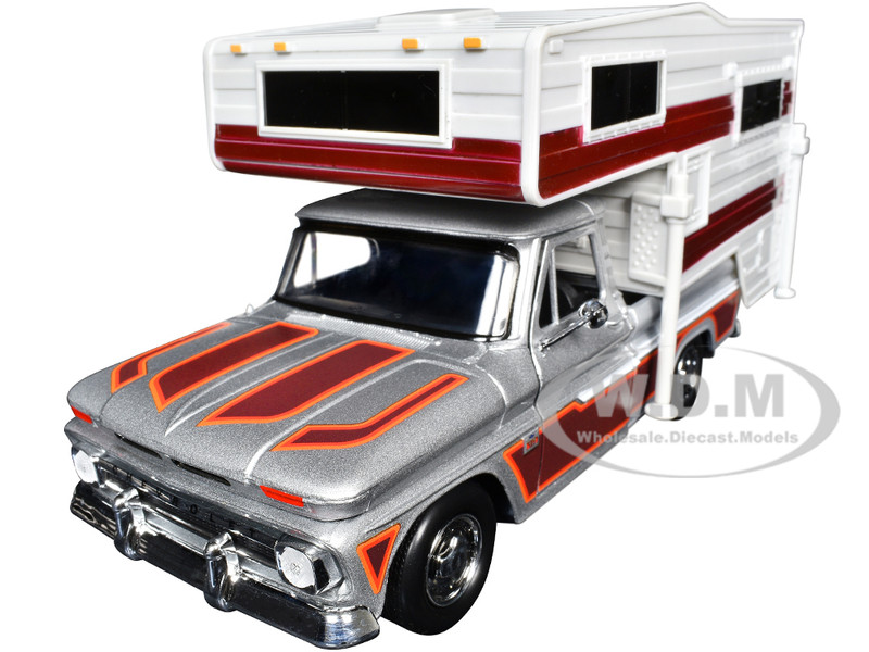 1966 Chevrolet C10 Fleetside Pickup Truck Silver Metallic with Brown Sides with Camper Shell American Classics Series 1/24 Diecast Model Car Motormax 75330-73355SIL