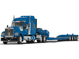 Kenworth W990 with 76 Mid Roof Sleeper and Fontaine Magnitude Lowboy Tri Axle Trailer with Flip Axle Blue Western Distributing 1/64 Diecast Model DCP/First Gear 60-1723
