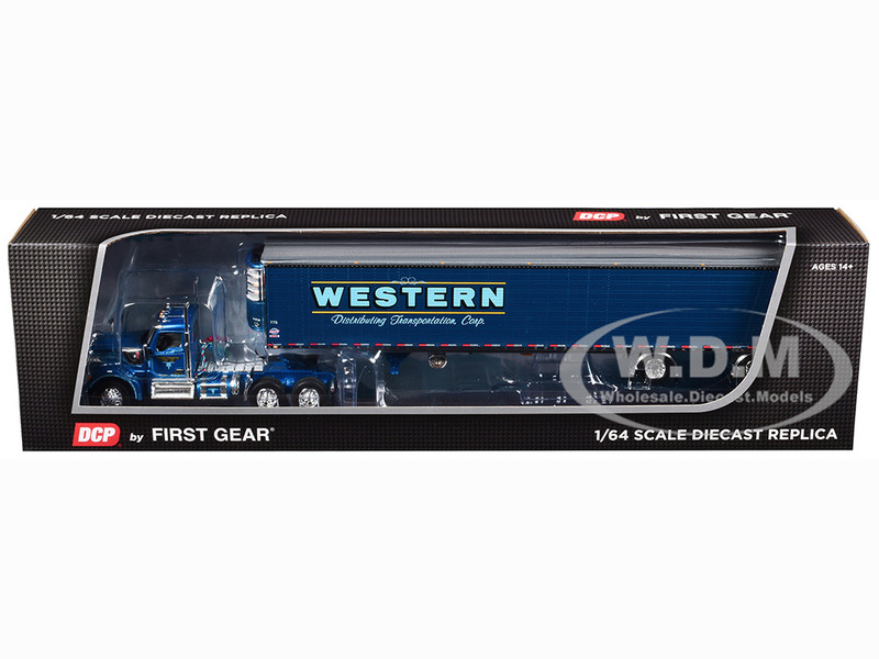 Kenworth W990 with Day Cab and 53 Utility Refrigerated Ribbed Sided Spread Axle Trailer Blue Western Distributing 1/64 Diecast Model DCP/First Gear 60-1724