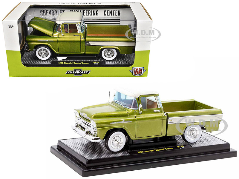 1958 Chevrolet Apache Cameo Pickup Truck Olive Green Metallic with Wimbledon White Top Limited Edition to 6250 pieces Worldwide 1/24 Diecast Model Car M2 Machines 40300-118A