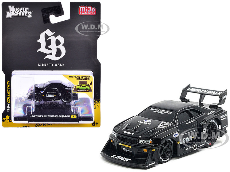 1999 Nissan Skyline GT R R34 #5 Liberty Walk Black 1/64 Diecast Model Car Muscle Machines 15566BK