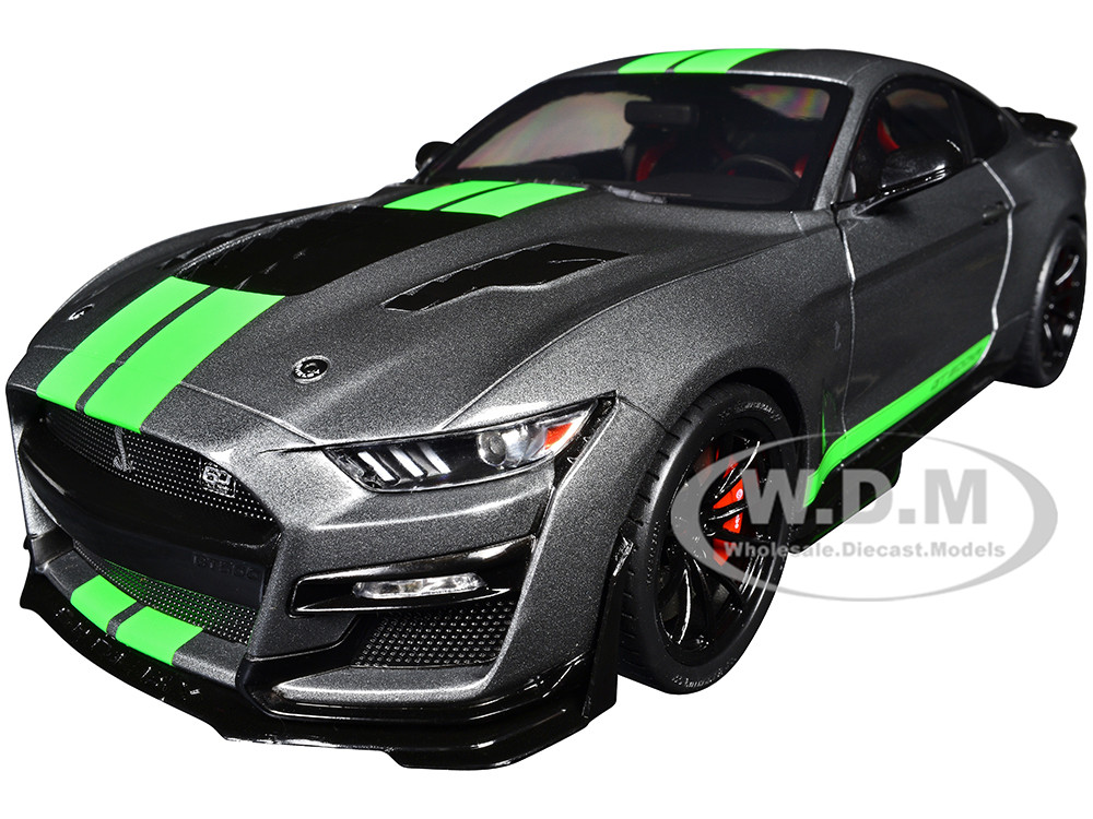 2020 Ford Shelby Mustang GT500 Carbonized Gray Metallic with Neon Green  Stripes 1/18 Diecast Model Car by Solido