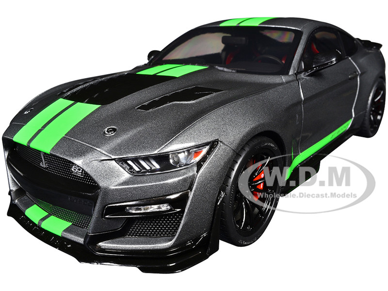 2020 Ford Shelby Mustang GT500 Carbonized Gray Metallic with Neon Green Stripes 1/18 Diecast Model Car Solido S1805911