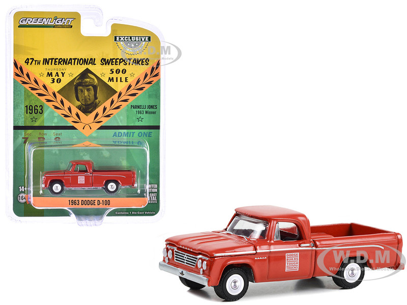1963 Dodge D 100 Pickup Truck 47th International 500 Mile Sweepstakes Indianapolis 500 Official Truck Red Hobby Exclusive Series 1/64 Diecast Model Car Greenlight 30402