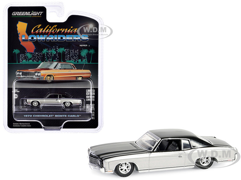 1972 Chevrolet Monte Carlo Lowrider Silver Metallic and Black California Lowriders Series 5 1/64 Diecast Model Car Greenlight 63060F