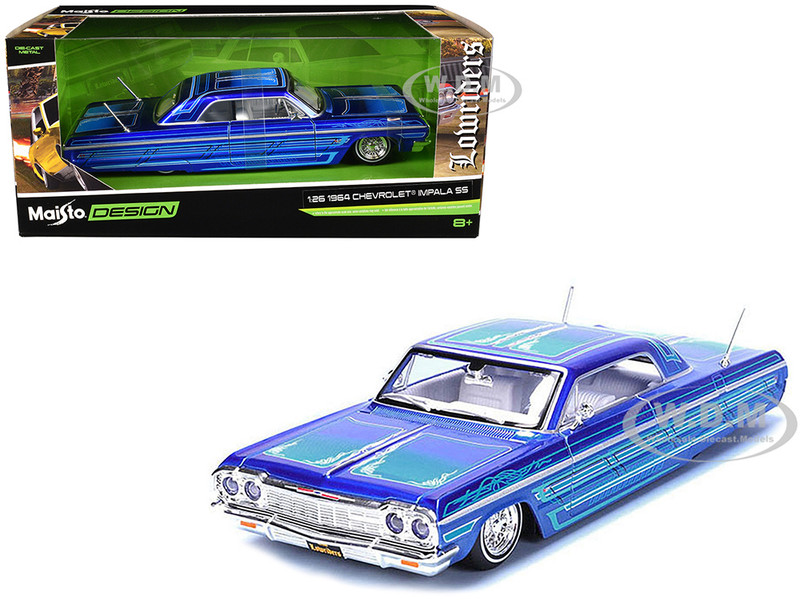 1964 Chevrolet Impala SS Lowrider Candy Blue with Graphics and White Interior Lowriders Maisto Design Series 1/26 Diecast Model Car Maisto 32547BL