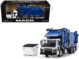 Mack LR Refuse Garbage Truck with McNeilus Meridian Front Loader White and Blue with Trash Bin 1/64 Diecast Model DCP/First Gear 60-1797