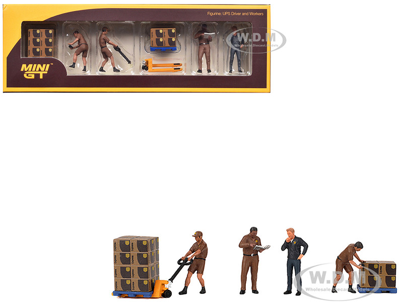 UPS Driver and Workers 7 Piece Figure Set for 1/64 scale models Mini GT MGTAC30