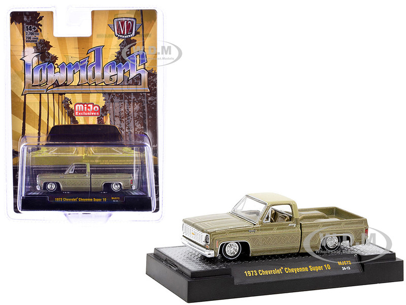 1973 Chevrolet Cheyenne Super 10 Pickup Truck Gold Metallic with Graphics Lowriders Limited Edition to 7700 pieces Worldwide 1/64 Diecast Model Car M2 Machines 31500-MJS72