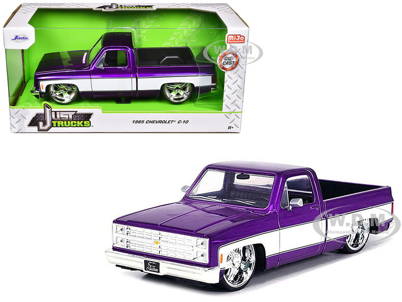 1985 Chevrolet C 10 Pickup Truck Purple Metallic and White with Lorenzo Wheels Just Trucks Series 1/24 Diecast Model Car Jada 35857