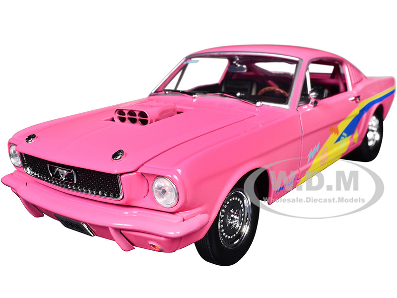 1966 Ford Mustang Fastback 2+2 Pink with Blue and Yellow Stripes "Pro Street" Limited Edition to 6250 pieces Worldwide 1/24 Diecast Model Car by M2 Machines