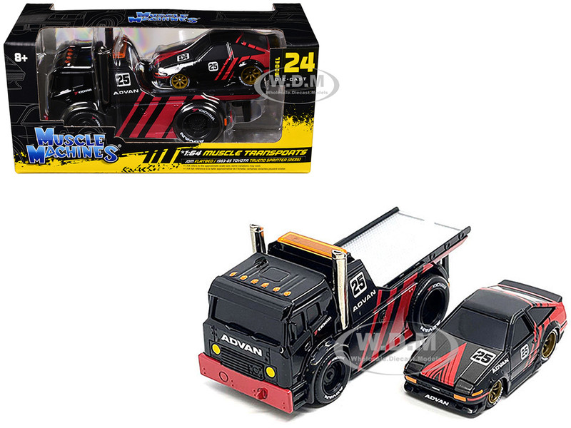 JDM Flatbed Truck #25 Black and Red and 1983 85 Toyota Trueno Sprinter AE86 #25 Black and Red Advan Livery Muscle Transports Series 1/64 Diecast Models Muscle Machines 11557RD