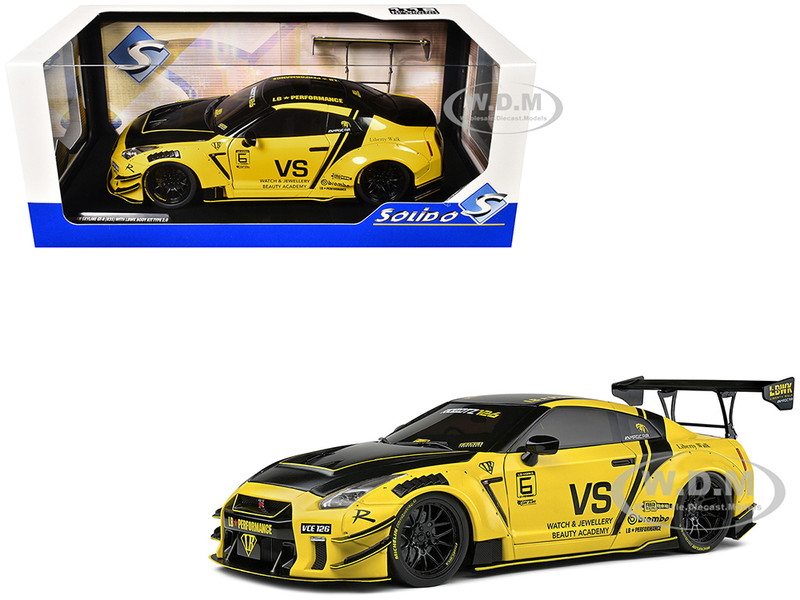 Nissan Skyline GT R R35 Liberty Walk Body Kit 2 0 RHD Right Hand Drive Yellow with Black Hood Top 1/18 Diecast Model Car Solido S1805809