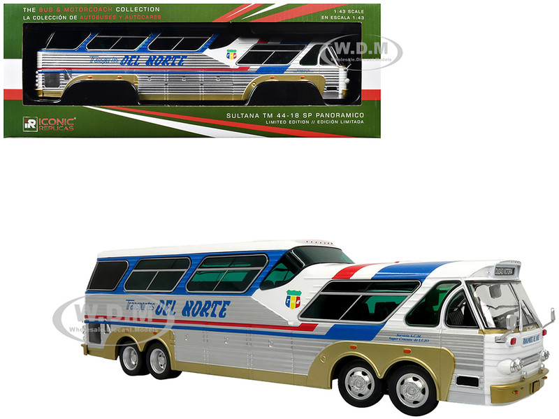 Sultana TM 44 18 SP Panoramico Coach Bus Transportes Del Norte White and Blue with Red Stripes and Silver Sides The Bus & Motorcoach Collection 1/43 Diecast Model Iconic Replicas 43-0496