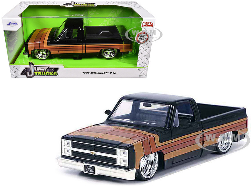 1985 Chevrolet C 10 Pickup Truck Black with Stripes and Paradox Wheels Just Trucks Series 1/24 Diecast Model Car Jada 35854