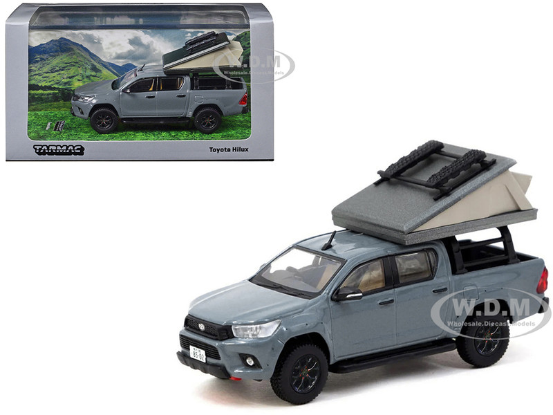 Toyota Hilux Pickup Truck RHD Right Hand Drive Gray with Camping Equipment Road64 Series 1/64 Diecast Model Car Tarmac Works T64R-041-CAMP