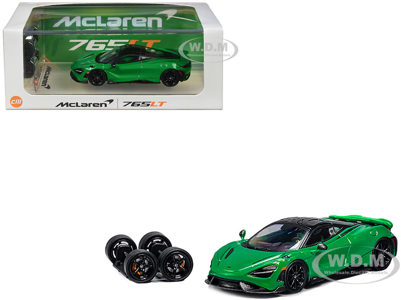 McLaren 765LT Green with Black Top and Extra Wheels 1/64 Diecast Model Car CM Model CM64-765LT-10