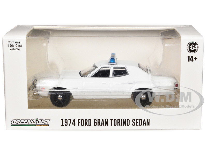 1974 1976 Ford Gran Torino Sedan Police Car White with Light Bar Hot Pursuit Hobby Exclusive Series 1/64 Diecast Model Car Greenlight GL43012L