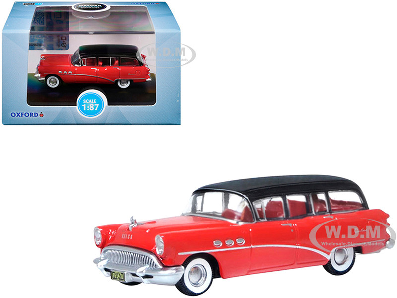 1954 Buick Century Estate Wagon Matador Red and Carlsbad Black with Red Interior 1/87 (HO) Scale Diecast Model Car Oxford Diecast 87BCE54004