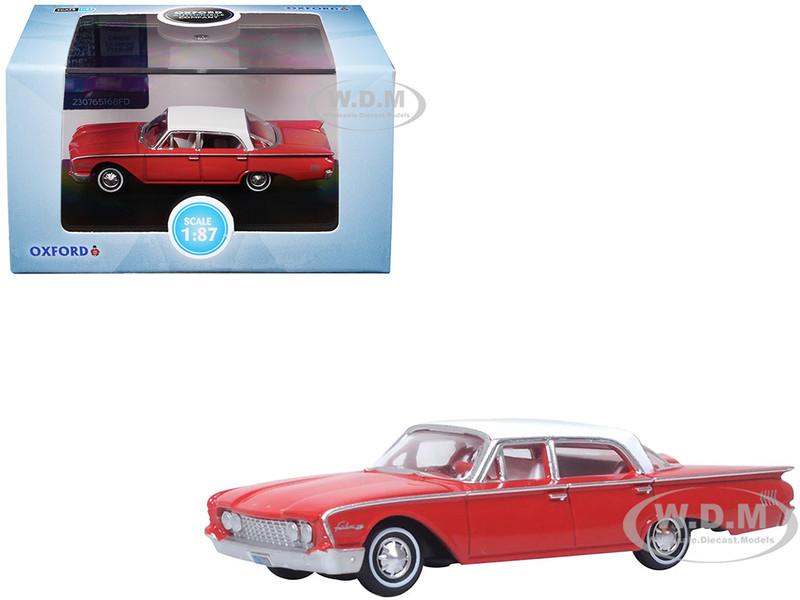 1960 Ford Fairlane Sedan 500 Monte Carlo Red with Corinthian White Top and Interior 1/87 (HO) Scale Diecast Model Car Oxford Diecast 87FF60001