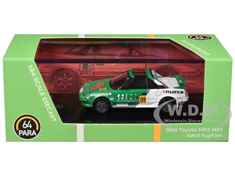 1985 Toyota MR2 MK1 AW11 #09 Fujifilm Green and White 1/64 Diecast Model Car Paragon Models PA-55366