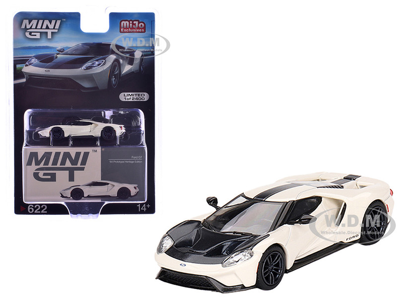 Ford GT 1964 Prototype Heritage Edition Wimbledon White with Black Hood and Stripe Limited Edition to 2400 pieces Worldwide 1/64 Diecast Model Car Mini GT MGT00622
