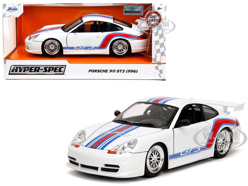 Porsche 911 GT3 996 White with Red and Blue Stripes Hyper Spec Series 1/24 Diecast Model Car Jada 35491