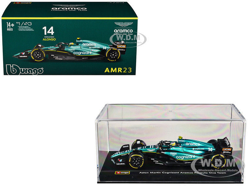 Aston Martin AMR23 #14 Fernando Alonso Cognizant Aramco F1 Team Formula One F1 World Championship 2023 with Display Case Race Series 1/43 Diecast Model Car Bburago 38091FA