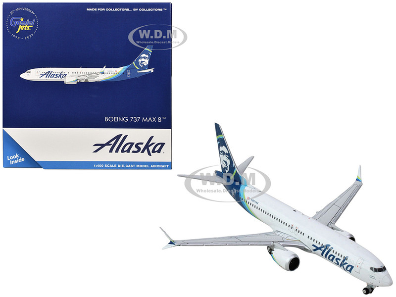 Boeing 737 MAX 8 Commercial Aircraft Alaska Airlines N801AK White with Blue Tail 1/400 Diecast Model Airplane GeminiJets GJ2273