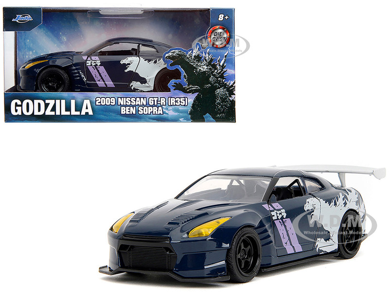 2009 Nissan GT R R35 Ben Sopra Dark Blue with Graphics Godzilla Hollywood Rides Series 1/32 Diecast Model Car Jada 35295