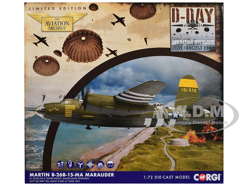 Martin B 26B Marauder Bomber Aircraft Dinah Might 553rd Bombardment Squadron 386th Bombardment Group D Day 1944 United States Army Air Forces The Aviation Archive Series 1/72 Diecast Model Corgi AA29501