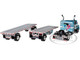Peterbilt 389 36 Flat Top Sleeper with Utility Dual 28 5 Flatbed Trailers with Hay Loads Pacific Blue Metallic with White Stripes 1/64 Diecast Model DCP/First Gear 60-1831