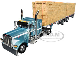 Peterbilt 389 36 Flat Top Sleeper with Utility Dual 28 5 Flatbed Trailers with Hay Loads Pacific Blue Metallic with White Stripes 1/64 Diecast Model DCP/First Gear 60-1831