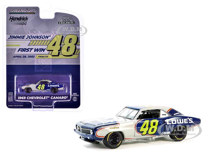 1969 Chevrolet Camaro #48 Jimmie Johnson Hendrick Motorsports First Win Tribute Dark Blue and White with Graphics Hobby Exclusive Series 1/64 Diecast Model Car Greenlight 30493