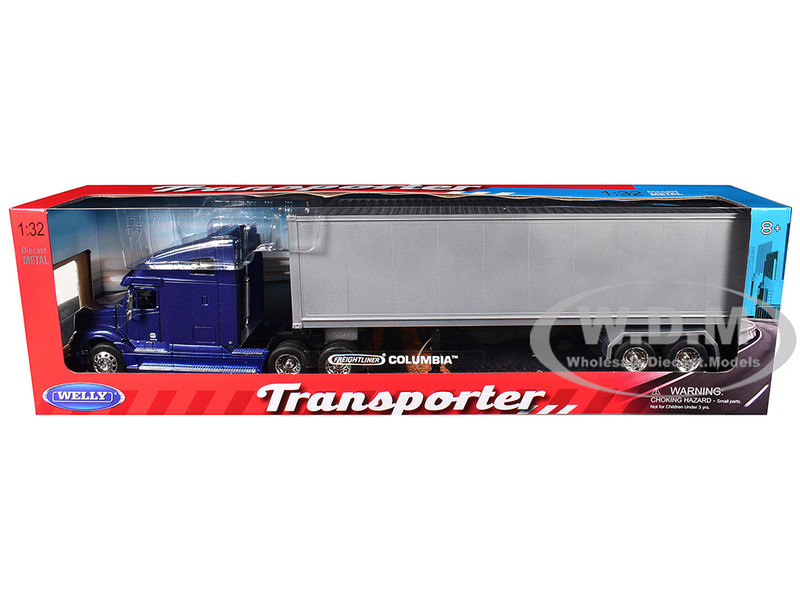 Freightliner Columbia Truck Blue with Gray Container 1/32 Diecast Model Welly 32621W-BL