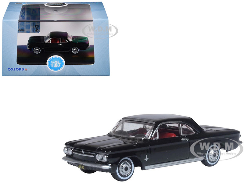 1963 Chevrolet Corvair Coupe Tuxedo Black with Red Interior 1/87 HO Scale Diecast Model Car Oxford Diecast 87CH63004