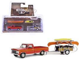 1978 Ford F 150 Ranger Explorer Pickup Truck Maroon with Orange Stripes with Canoe Trailer with Canoe Rack Canoe and Kayak Hitch & Tow Series 31 1/64 Diecast Model Car Greenlight 32310B