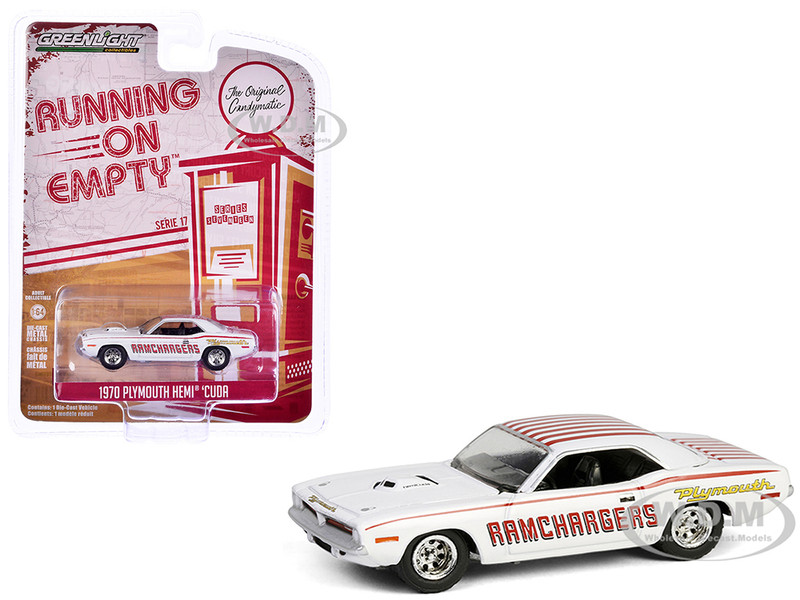 1970 Plymouth Hemi Barracuda Ramchargers White with Red Stripes Running on Empty Series 17 1/64 Diecast Model Car Greenlight 41170D